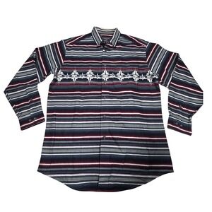Woolrich Mens Large Striped Southwestern Flannel Button Down Shirt Grey Burgundy